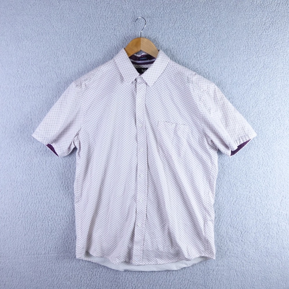 Buttercloth Icy Cotton Mens Large White Purple Geometric Short Sleeve Shirt L